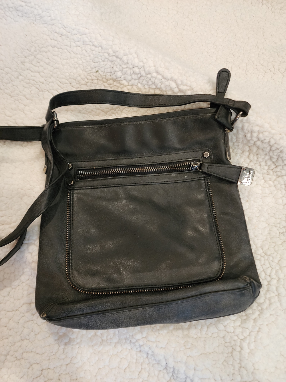 Nicole Miller Black Leather Crossbody Bag with Front Zip Pocket